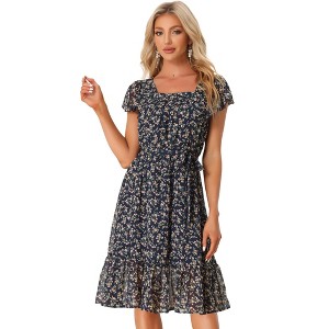 Allegra K Women's Flutter Sleeve Belted Square Neck Floral Chiffon Ruffle Dress - 1 of 4