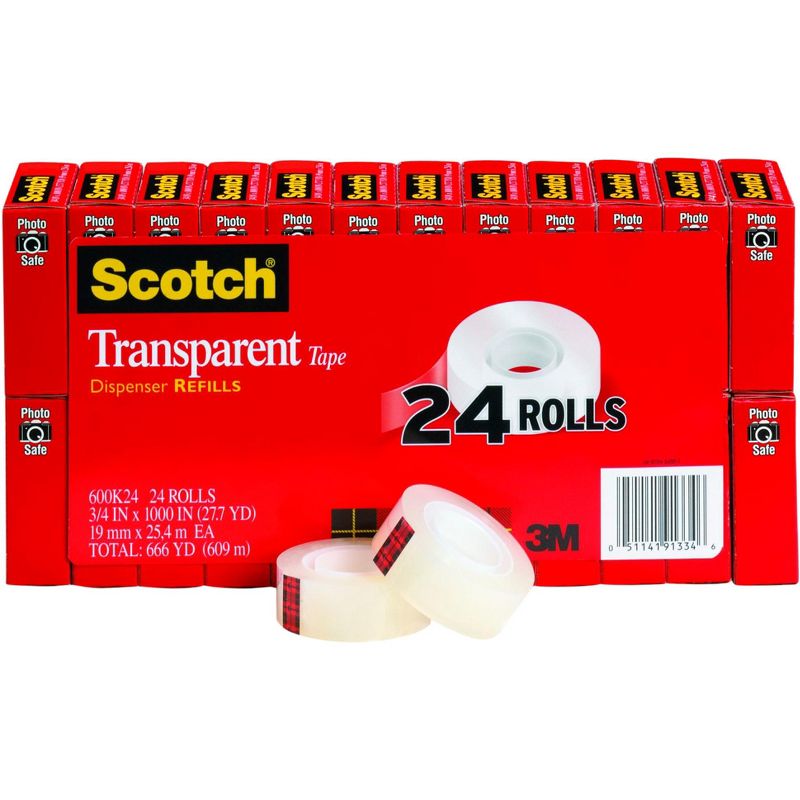 Scotch 600 Transparent Tape, 0.75 x 1000 Inches, Glossy, Pack of 24, 1 of 2