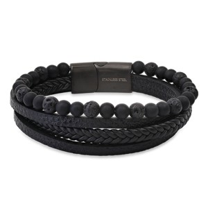 Steeltime Men's braided leather, stone and black ip stainless steel magnetic clasp layered bracelet. Color Option: Black, Brown, Blue - 1 of 4