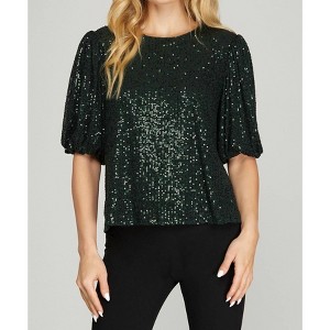 Women's Half Puff Sleeve Sequin Top - SHE + SKY - 1 of 2