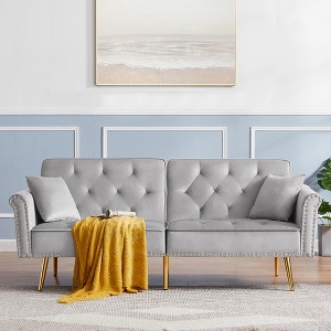 Velvet Tufted Sofa Bed with Nailhead Trim, 2 Pillows and Gold Metal Legs for Living Room - 1 of 4