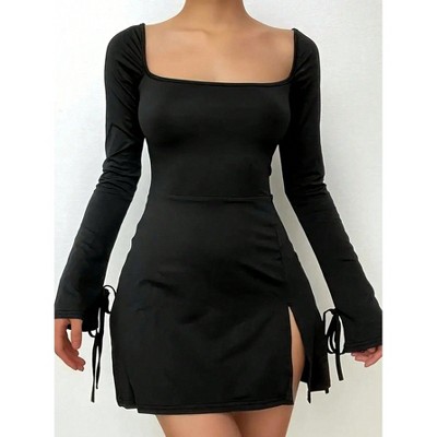 Coolmee Women's Bodice Mini Dresses Square Neck Solid Long Sleeve Tie Detail Side Slit A-Line Mini Dress Cocktail Party Club Mini Dress XL Black