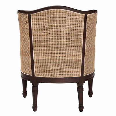 Beige and Dark Brown Carved Wood Accent Chair with Woven Rattan