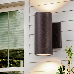 LLHZSY 7 1/10" 2-Light Up and Down LED Outdoor Wall Light, Waterproof Cylinder Exterior Sconce-Black Walnut Wood-Grain Finish - 1 of 4