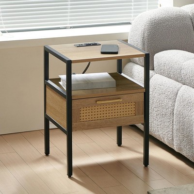 1PC Rattan Nightstand with Charging Station,Narrow End Table with Drawer,Side Table for Living Room Bedroom Office