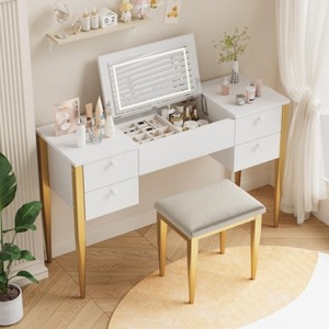 GustoWave Makeup Vanity Desk with Mirror and Lights, 3 in 1 Make Up Vanity Table with Lighted Mirror, 3 Lighting Mode, Flip Top Vanity Set with Stool - 1 of 4