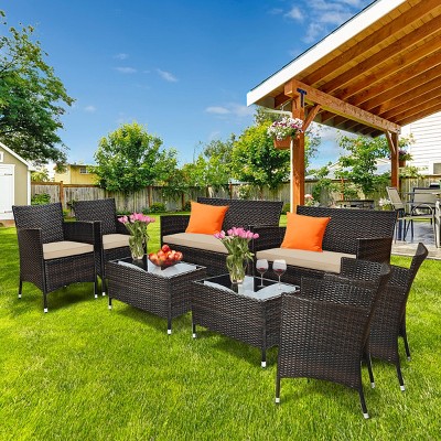 Tangkula 8 Pieces Patio Rattan Conversation Furniture Set Outdoor w/ Brown & Turquoise Cushion