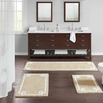 Beige Cotton Tufted Geometric Border Bath Rug