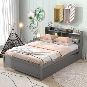 Twin/Full Bed With Trundle, Twin/Full Platform Bed Frame With Headboard Bookcase And Storage Shelves For Bedroom, No Box Spring Needed - 1 of 4