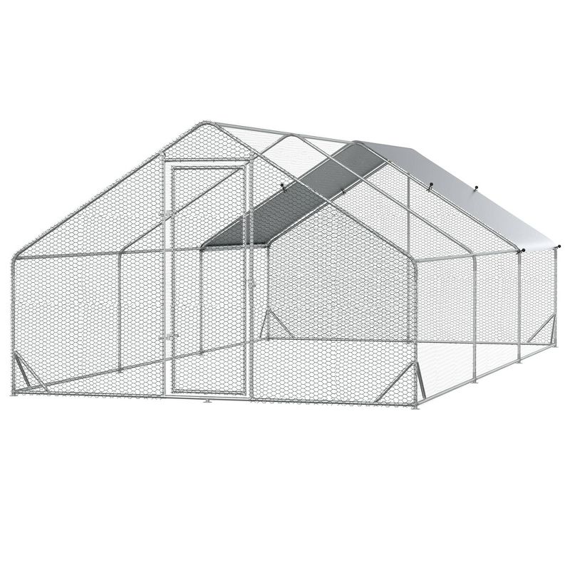 PawHut Large Metal Chicken Coop, Walk-in Poultry Cage Galvanized Hen Playpen House with Cover and Lockable Door for Outdoor, Backyard Farm, Silver, 5 of 11