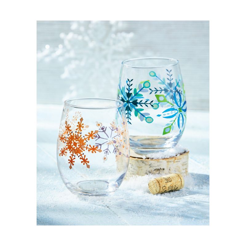 tag 18 oz. Alpine Glow Blue Snowflake Glass Stemless Wine Drinkware Dishwasher Safe Beverage Glassware Dinner Party Wedding Resturant, 3 of 4