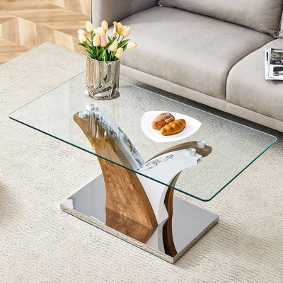 NicBex Modern Unique Coffee Table with Transparent Tempered Glass Top & Y-Shaped Base, Rectangular Center Table for Living Room,Tea Room,White