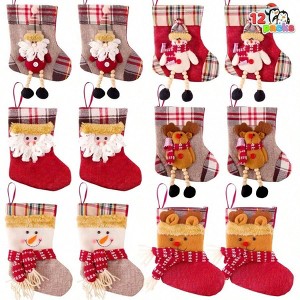 12 Pcs 3D Bulk Xmas Stockings Santa Snowman Reindeer Burlap Stockings Present Holders Treat Bags Tree Decoration Xmas Party Decors - 1 of 4