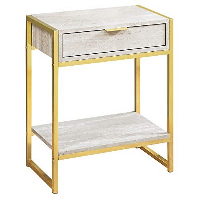 Monarch Specialties Accent Table Side End Nightstand Lamp Storage Drawer Living Room Bedroom Metal Laminate Beige Marble Look Gold Contemporary Modern