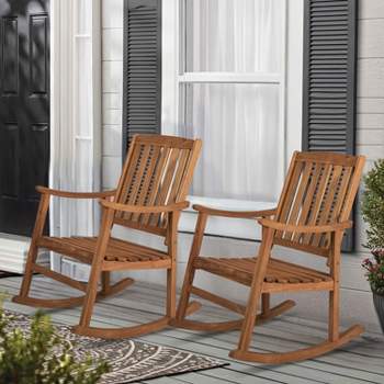 Perry Classic Slat-Back Acacia Wood Patio Outdoor Rocking Chair - JONATHAN Y