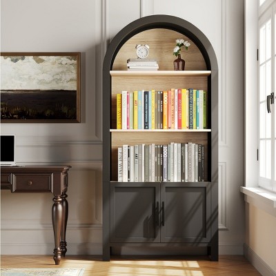 66" Wood Storage Bookcase,Arched 3-Tier Bookshelf with Cabinet Doors and Natural Wood Shelves,Open Display Storage Shelf-Baofuwish