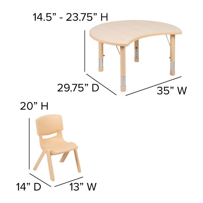 Emma and Oliver 25.125"W x 35.5"L Crescent Natural Plastic Adjustable Kids Table Set - 2 Chairs, 5 of 10