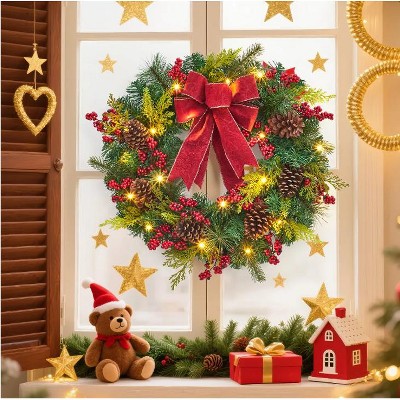 TackView 24''Lighted Christmas Wreath for Front Door, Artificial Holiday Wreath with Pine Cones,Berries,Red Green