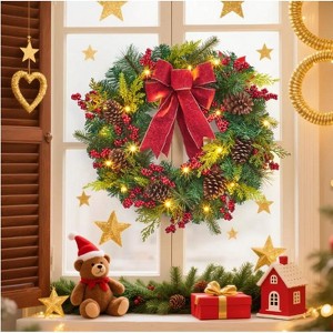 TackView 24''Lighted Christmas Wreath for Front Door, Artificial Holiday Wreath with Pine Cones,Berries,Red Green - 1 of 4