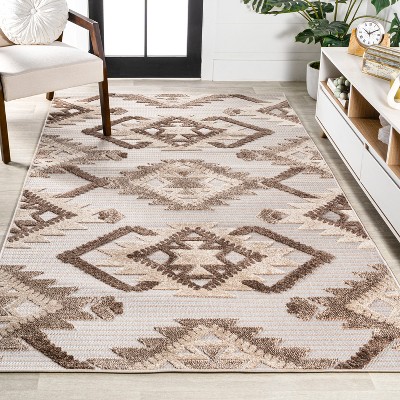 Ivory and Brown Geometric Synthetic 4' x 6' Indoor/Outdoor Rug