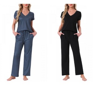 INSPIRE CHIC Women's 2 Pcs Short-Sleeve V-neck Tee & Drawstring Pants Pajama Sets with Pockets - 1 of 4