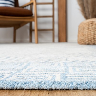 Light Blue and Ivory Wool Geometric Runner Rug