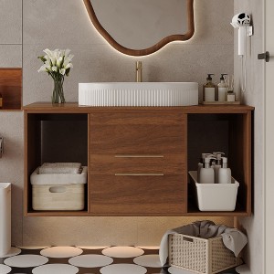 KWPZQEB 38" Modern Bathroom Vanity with Ceramic Basin, Floating Vanity Sink Cabinet with 2 Drawer & Open Shelf Storage, Freestanding Bathroom Cabinet - 1 of 4