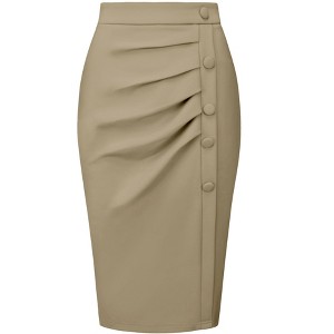 Hobemty Women's Wear to Work Elastic High Waist Pleated Bodycon Midi Skirts - 1 of 4