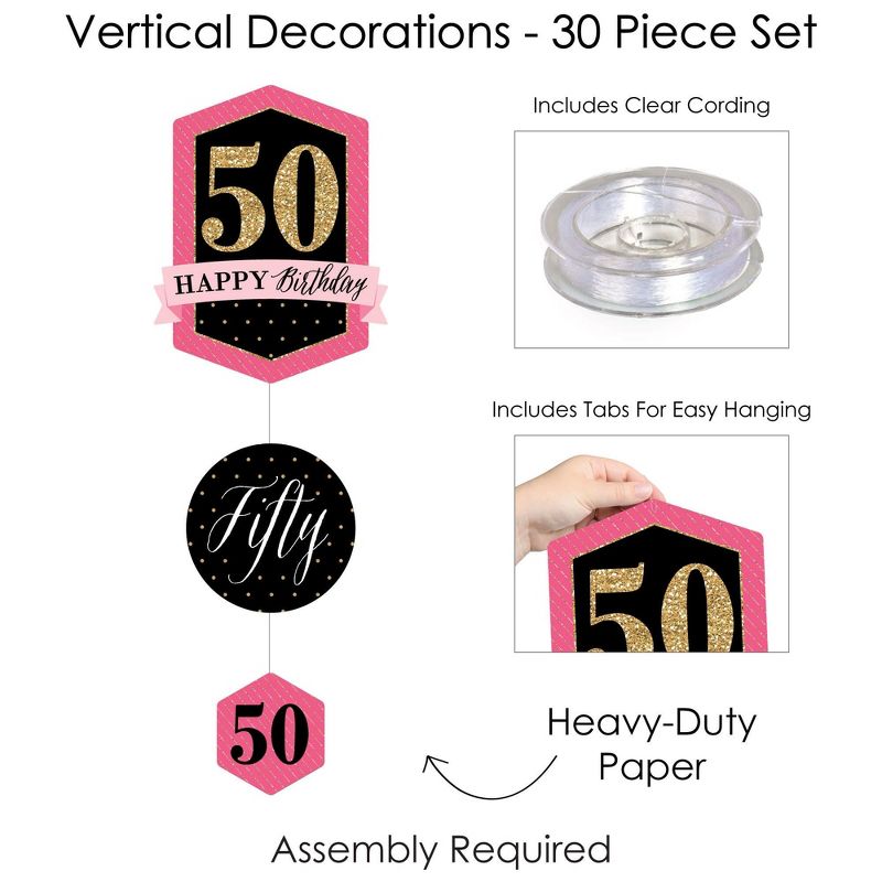 Big Dot of Happiness Chic 50th Birthday - Pink, Black and Gold - Birthday Party DIY Dangler Backdrop - Hanging Vertical Decorations - 30 Pieces, 5 of 8
