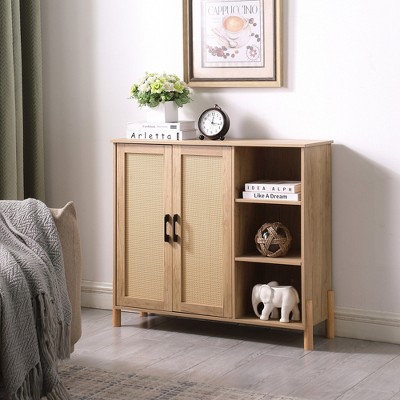 HDZNVF Mid Century Modern Storage Cabinet with Woven Rattan Doors, Open Shelves & Adjustable Shelves, Natural