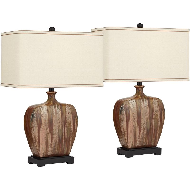 Possini Euro Design Julius Modern Table Lamps 27" Tall Set of 2 Ceramic Copper Drip Rectangular Fabric Shade for Bedroom Living Room Bedside Office, 1 of 10
