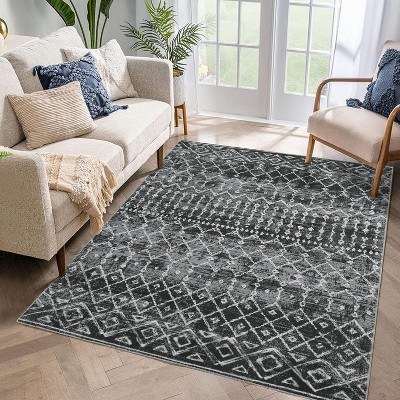 Washable Area Rugs Rug for Living Room Bedroom Farmhouse, Geometric Neutral Rug Low Pile Non-Slip Soft Stain-Resistant Carpet