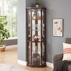 Lighted Corner Curio Cabinet, Glass Display Case with Mirror Back, Antique Bar Storage for Dining Room - 1 of 4