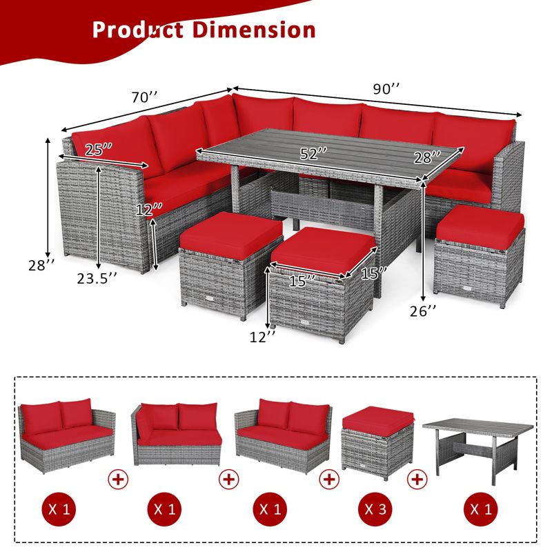 Costway 7 PCS Patio Rattan Dining Set Sectional Sofa Couch Ottoman Garden White\Red\Black, 4 of 11
