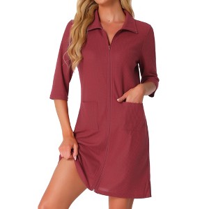INSPIRE CHIC Women's Waffle Zip-Up 3/4 Sleeves Short House Dresses Bathrobe with Pockets - 1 of 4