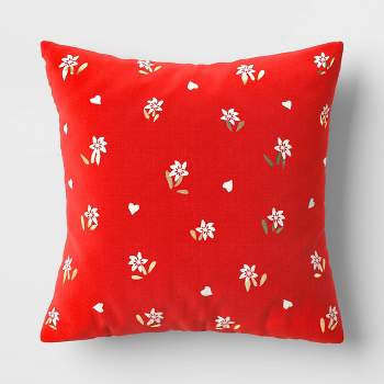 Square Embroidered Floral and Hearts Pillow Red/Pink/Metallic Gold - Threshold™