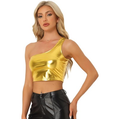 Allegra K Women's Shiny Metallic Crop Cami Hollow Out Backless Disco  Holographic Halter Camisoles Gold L : Target