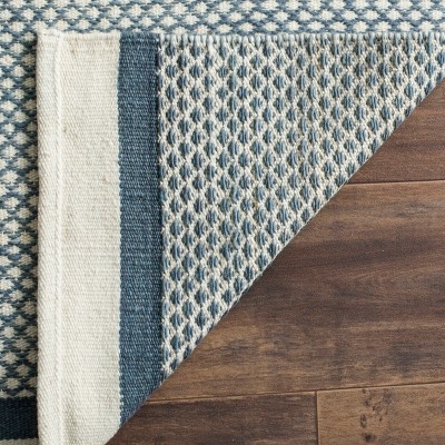 Blue and Ivory Striped Wool Cotton Kids' Washable Rug