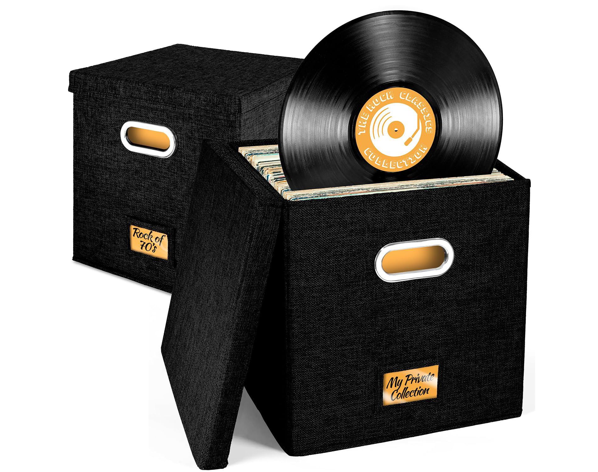 Set of 2 Vinyl Record Storage Boxes Holds Up to 50 Plus 12 Inch Albums LP Record Crates Fabric Boxes with Lids 13 x 13 x 13 Black