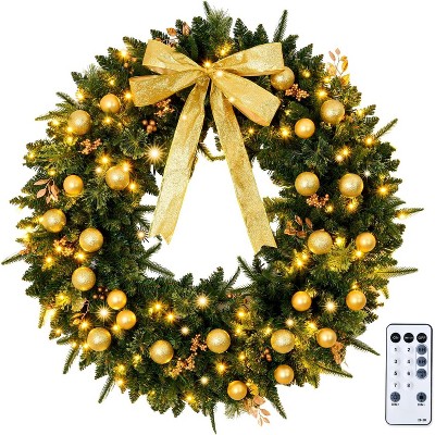 VINGLI 36 Inch Pre-Lit Christmas Wreath with 100 LED Lights, 350 Tips, Bow, Pine Cones, Gold Ornaments – Plug-In Decor
