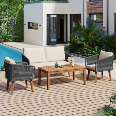 YOOCOZZ 4 Pieces Woven Rope Patio Furniture Set with Loveseat and Cushions