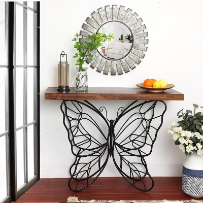 Dark Maple & Black Metal Butterfly Accent Console Table with Storage