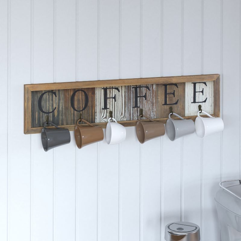 Merrick Lane Pheltz Wooden Wall Mount 6 Cup Distressed Wood Grain Printed COFFEE Mug Organizer with Metal Hanging Hooks, No Assembly Required, 3 of 11