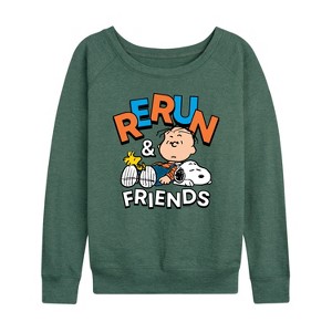 Women's - Peanuts - Rerun And Friends -Women's French Terry Long Sleeve Shirt Lightweight French Terry Wide Neck Long Sleeve Graphic Shirt - 1 of 4
