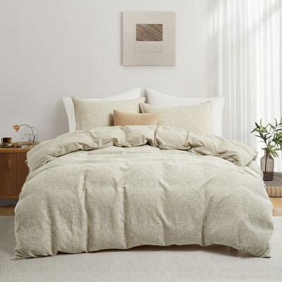 Peace Nest Floral Jacquard Cotton Linen Blend Duvet Cover Set, 3 Piece Bedding Set with Pillow Shams