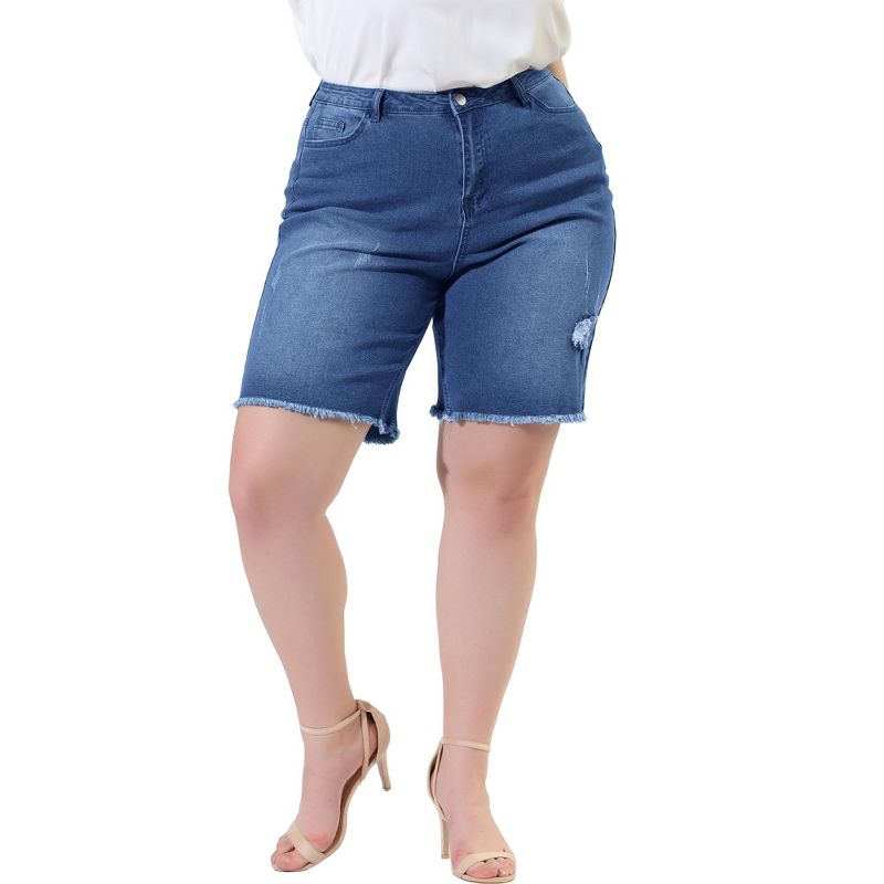 Agnes Orinda Women's Plus Size Denim Mid Rise Ripped Frayed Bermuda Jean Shorts, 1 of 7