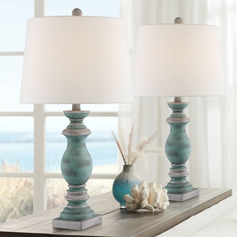 Regency Hill Patsy Country Cottage Table Lamps 26 1/2" High Set of 2 Blue Gray Washed Fabric Drum Shade for Bedroom Living Room Bedside Nightstand, 2 of 10