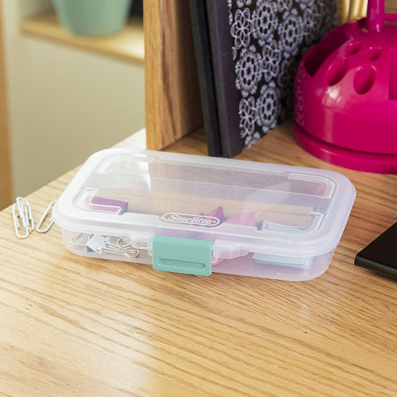 Sterilite Convenient Small Stackable Divided Translucent Storage Box Container with Colored Latch Lid for School and Office Supplies, Clear, 4 of 6