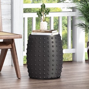 Kumasinova 18" Stylish Barrel-Shaped Patio End Table with Decorative Raised Accents,17lbs Lightweight Concrete Outdoor Accent Side Table,Black - 1 of 4