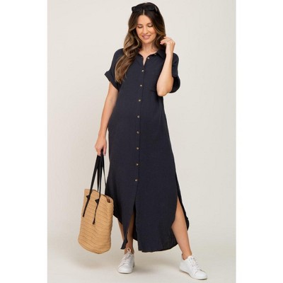 PinkBlush Charcoal Button Down Maternity Midi Dress